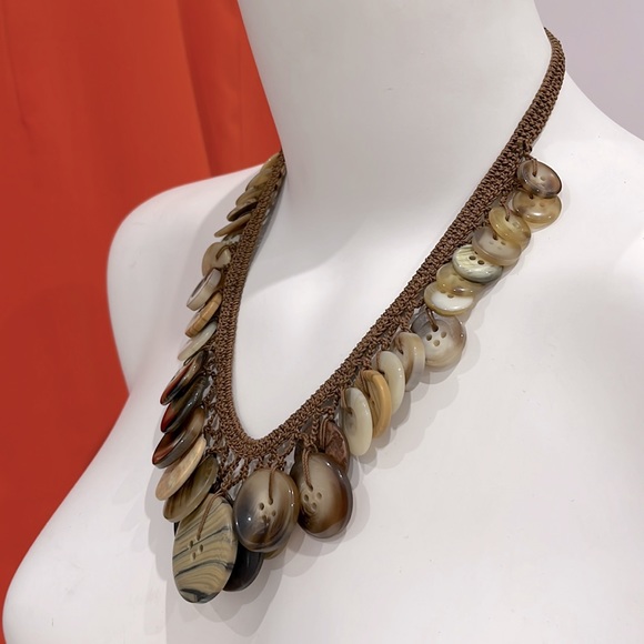 BOHEMIAN HANDMADE NECKLACE, crochet knitting, Macrame Thread & buttons in Brown - Picture 3 of 5